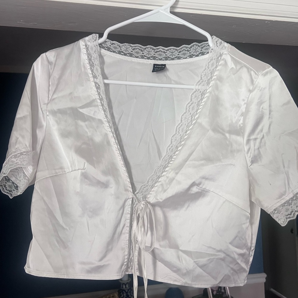White Satin Lace-Trimmed Crop Top